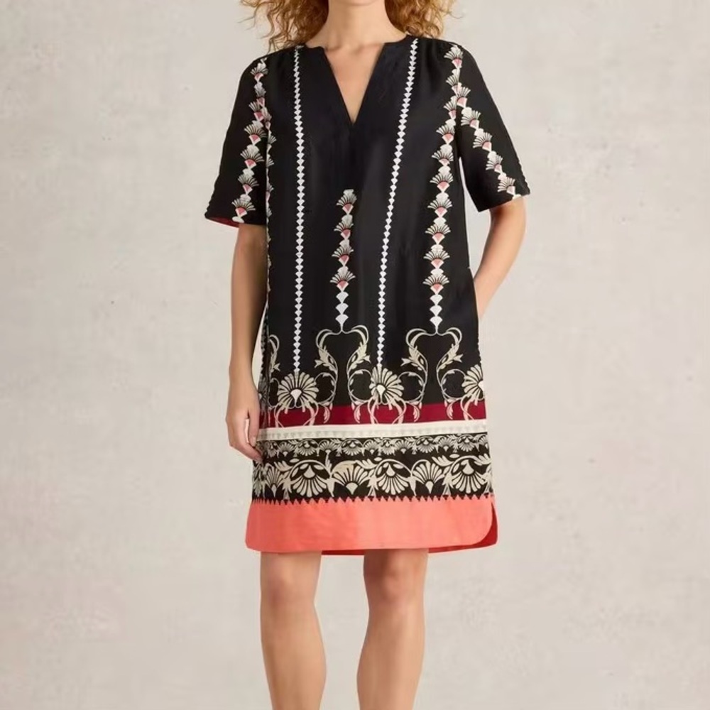 100% Linen June Shift Dress by White Stuff  Boho Tribal Print Coral Hem Size 6